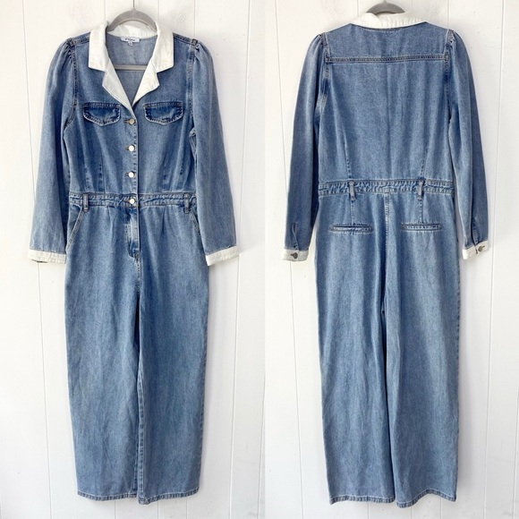 Polagram Denim Jumsuit Light Wash V-neck Collared Corduroy Sz L Straight Leg - Picture 1 of 16